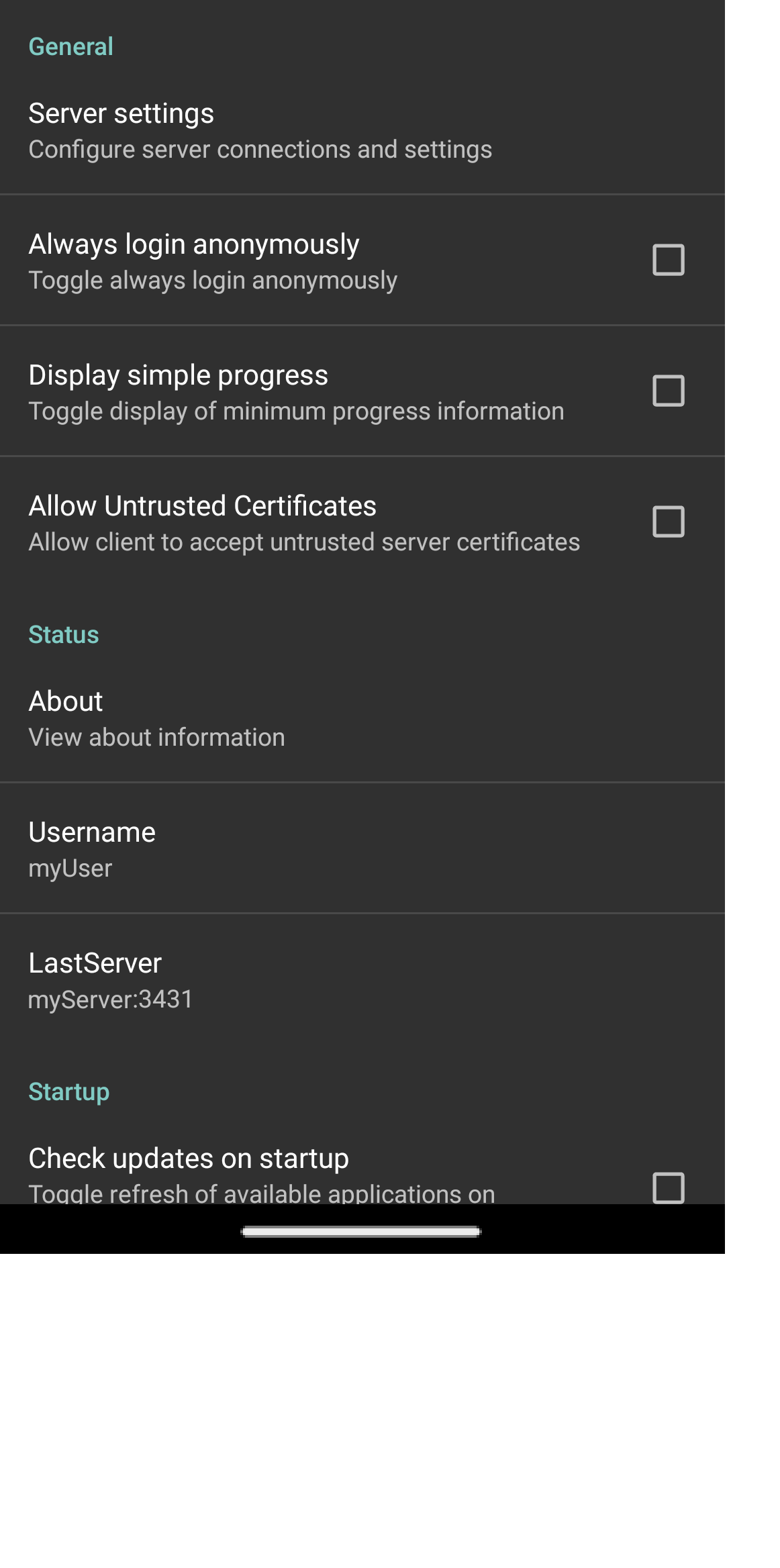 Picture showing the Settings screen in the standard Digitise Apps Client on an Android device.